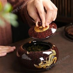 中式曜变天目釉家用茶叶罐 陶瓷镶银密封罐 大号醒茶叶盒储存罐
